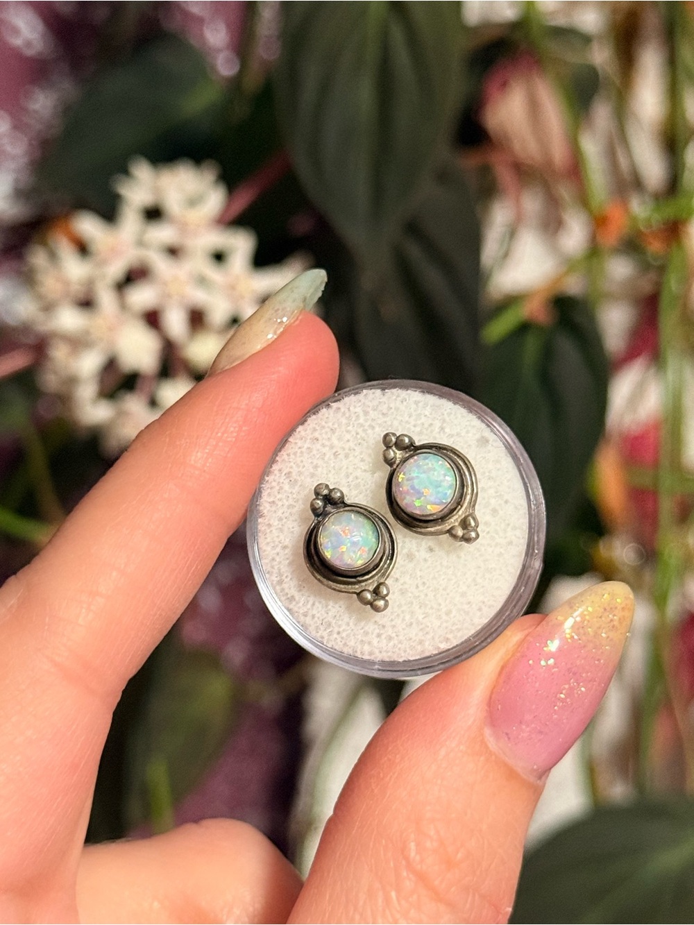 Vintage Sterling Silver Lab Rainbow Opal Stud Earrings Stamped 925 Colorful
